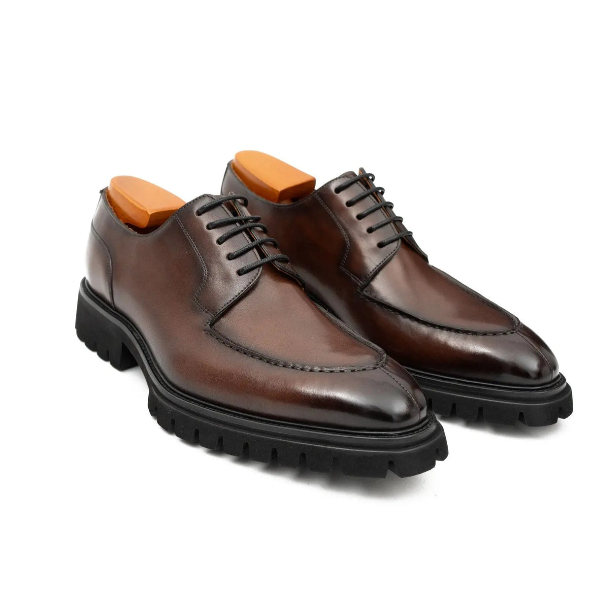 Brown Calfskin Apron-Toe Derby Shoes with Lug Sole