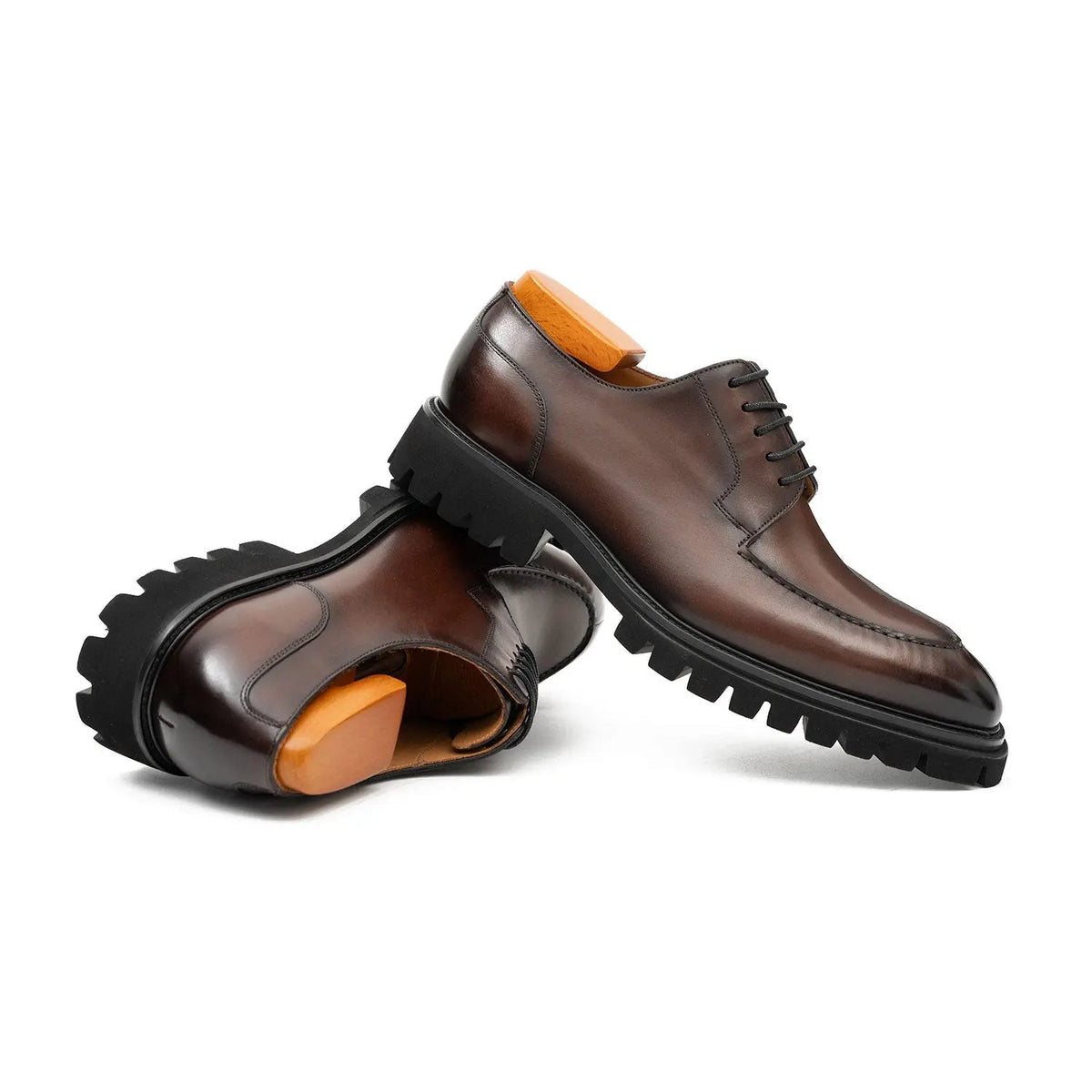 Brown Calfskin Apron-Toe Derby Shoes with Lug Sole