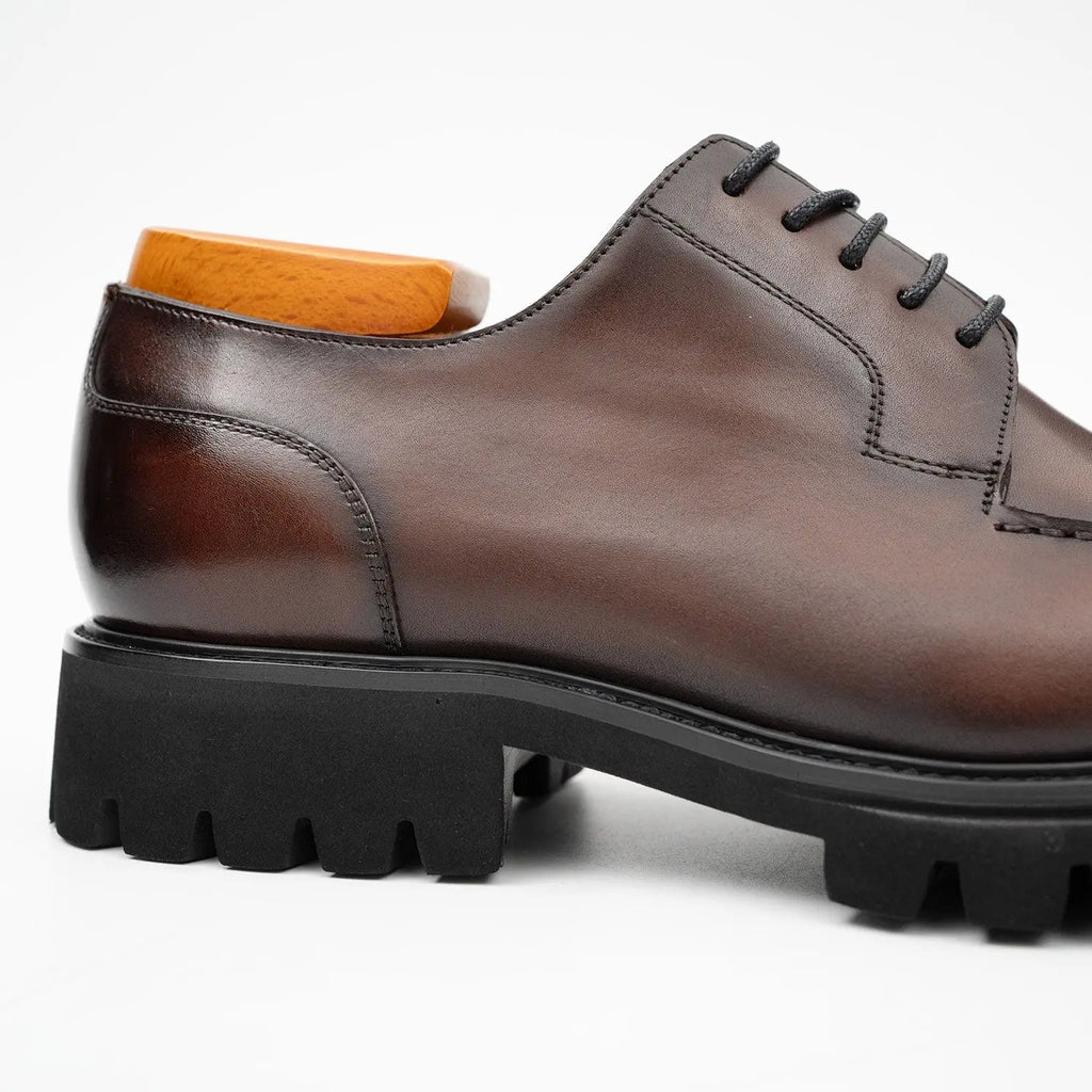 Brown Calfskin Apron-Toe Derby Shoes with Lug Sole