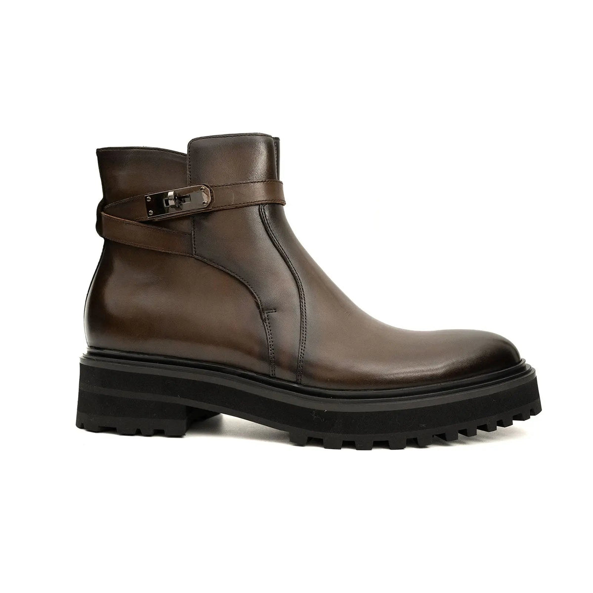 Brown Lug Sole Buckle Strap Ankle Boot