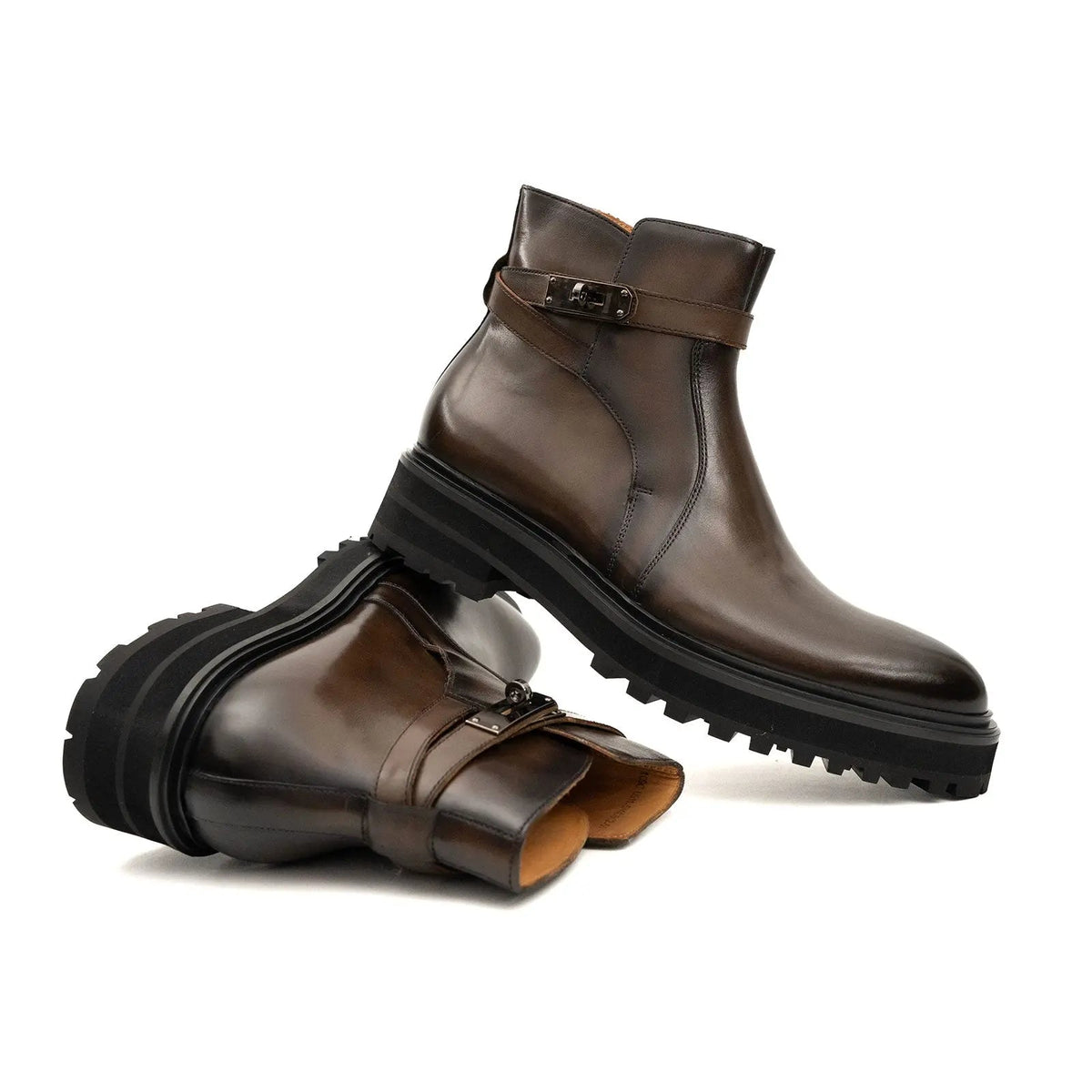 Brown Lug Sole Buckle Strap Ankle Boot