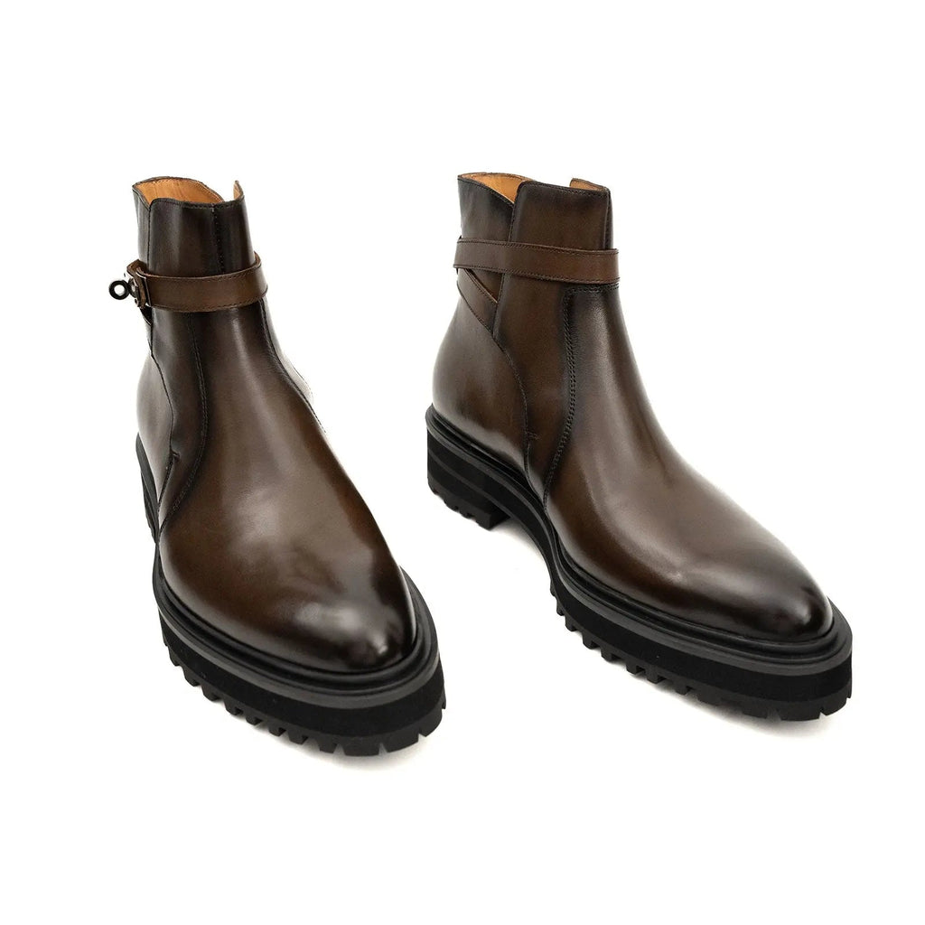 Brown Lug Sole Buckle Strap Ankle Boot