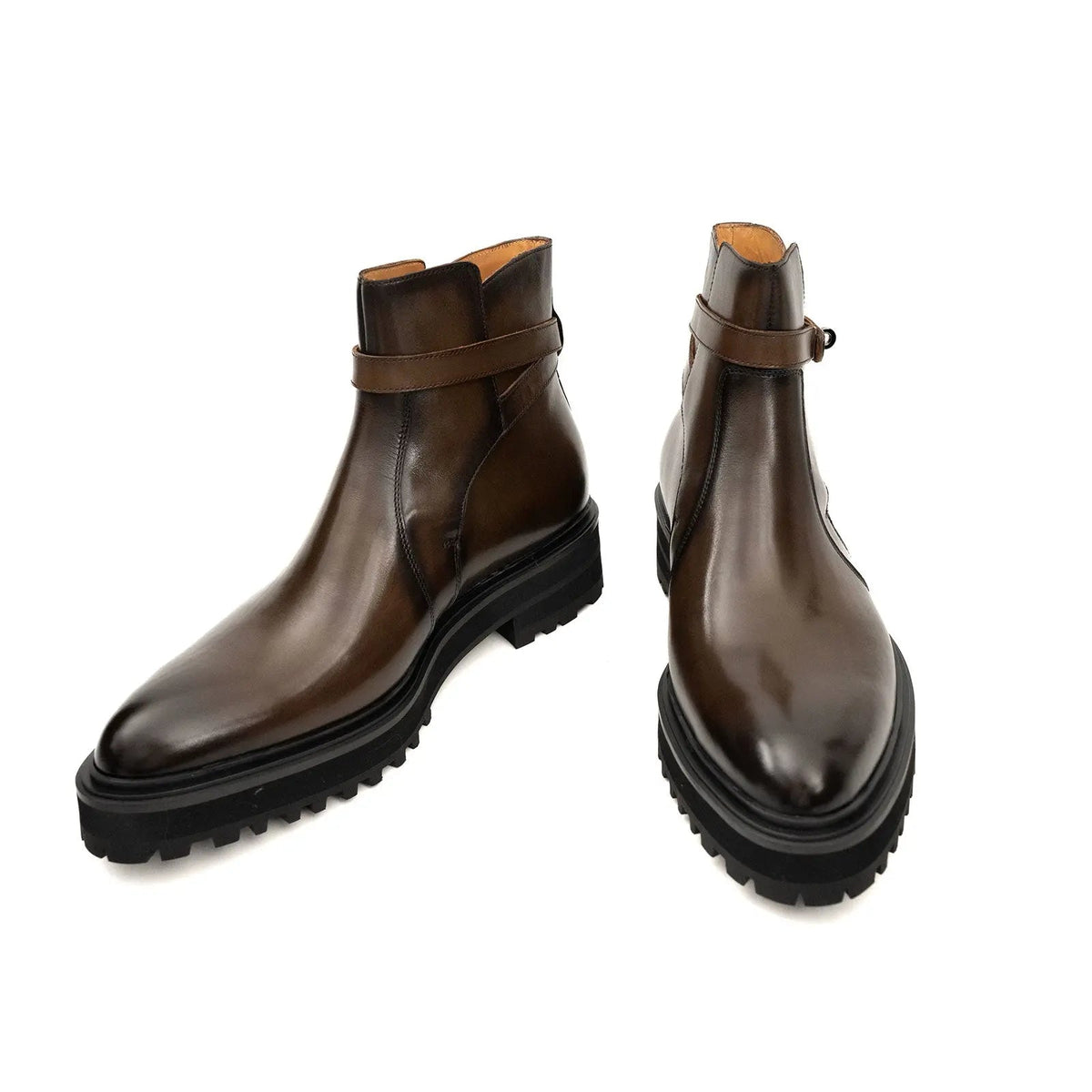 Brown Lug Sole Buckle Strap Ankle Boot