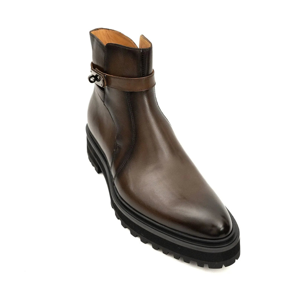 Brown Lug Sole Buckle Strap Ankle Boot