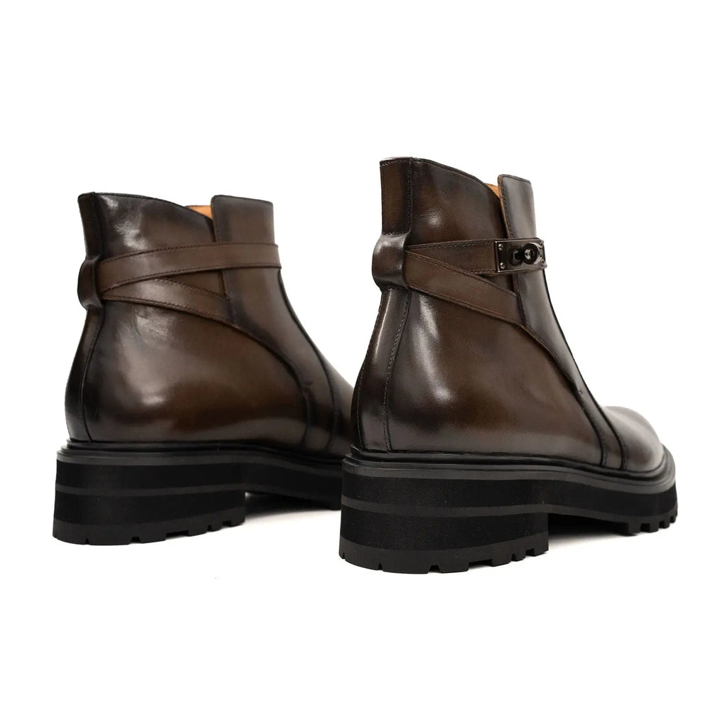 Brown Lug Sole Buckle Strap Ankle Boot