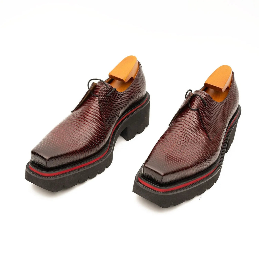 Burgundy Textured Calfskin Derby Shoes with Red Edging