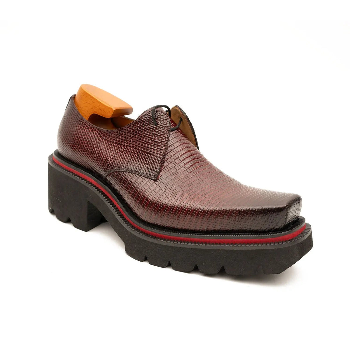 Burgundy Textured Calfskin Derby Shoes with Red Edging