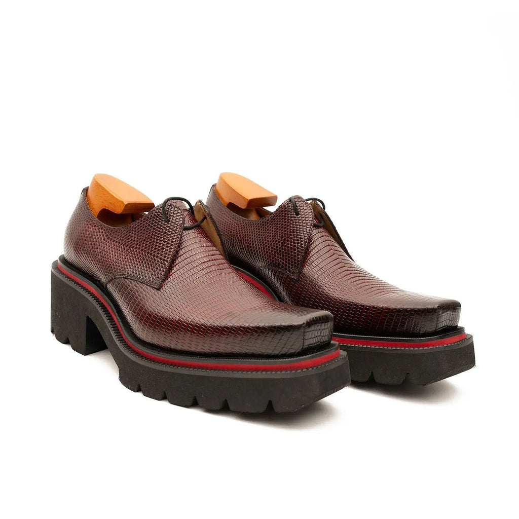 Burgundy Textured Calfskin Derby Shoes with Red Edging