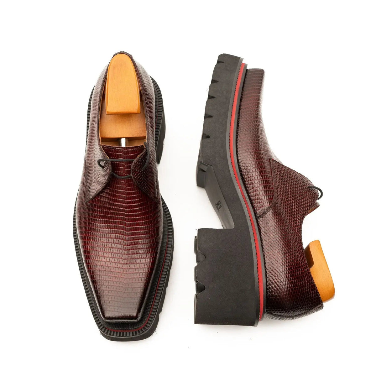 Burgundy Textured Calfskin Derby Shoes with Red Edging