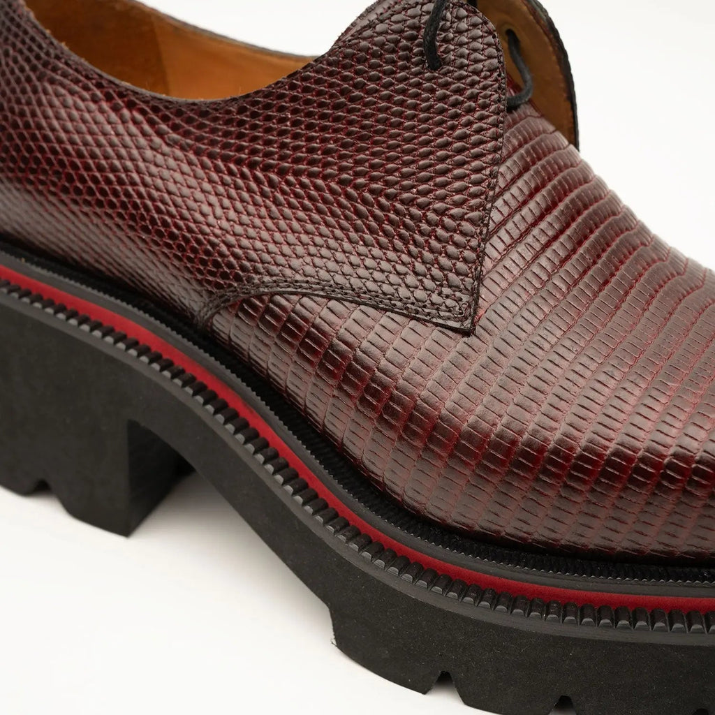 Burgundy Textured Calfskin Derby Shoes with Red Edging