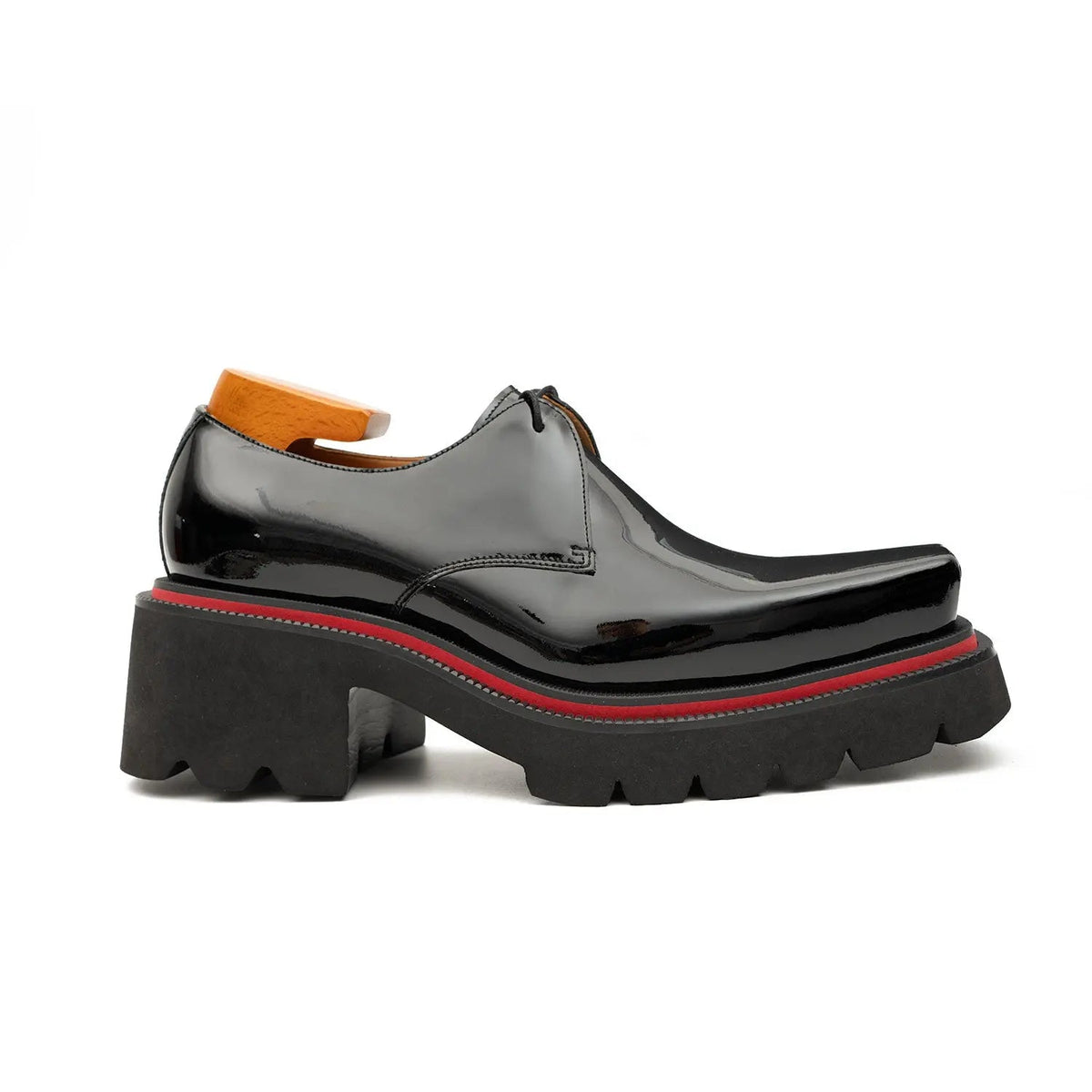Black Glossy Calfskin Square-Toe Derby Shoes with Red Edging