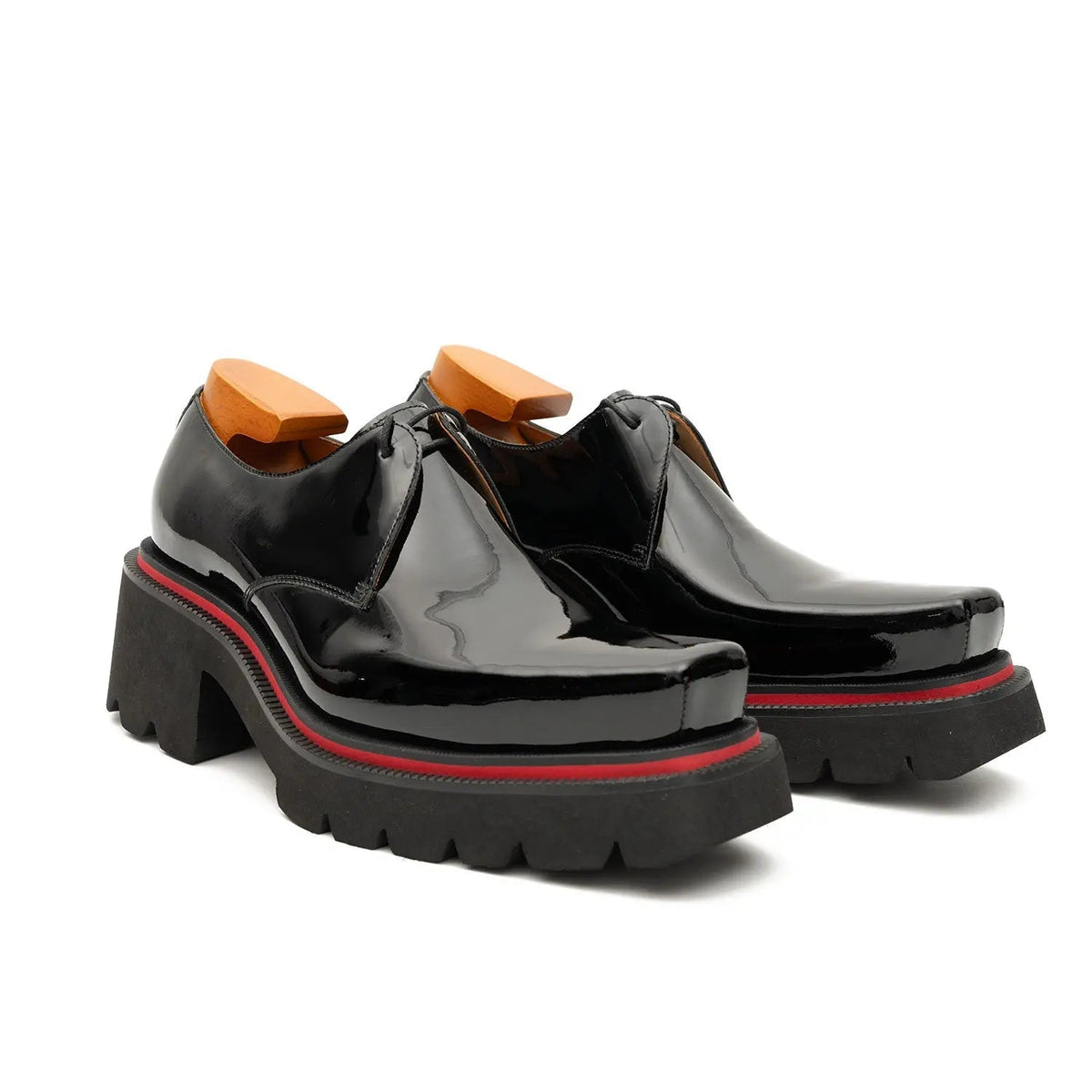 Black Glossy Calfskin Square-Toe Derby Shoes with Red Edging