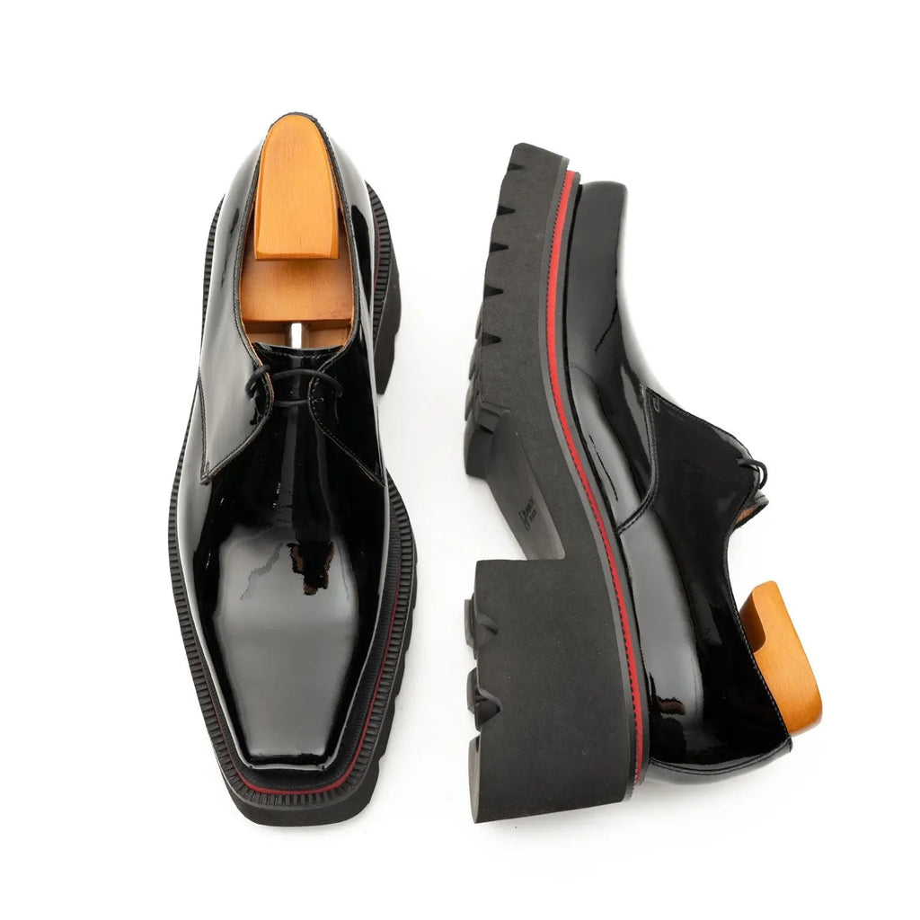 Black Glossy Calfskin Square-Toe Derby Shoes with Red Edging