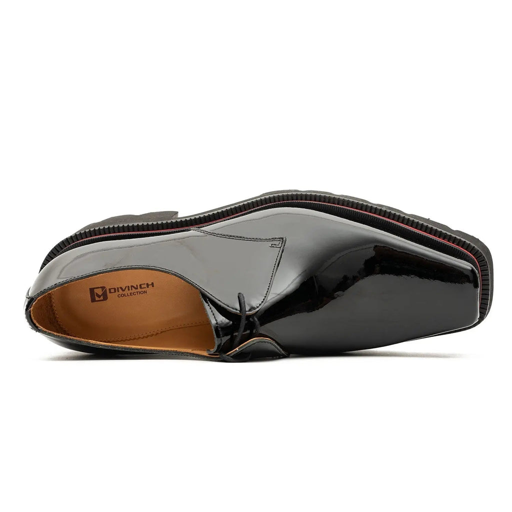 Black Glossy Calfskin Square-Toe Derby Shoes with Red Edging
