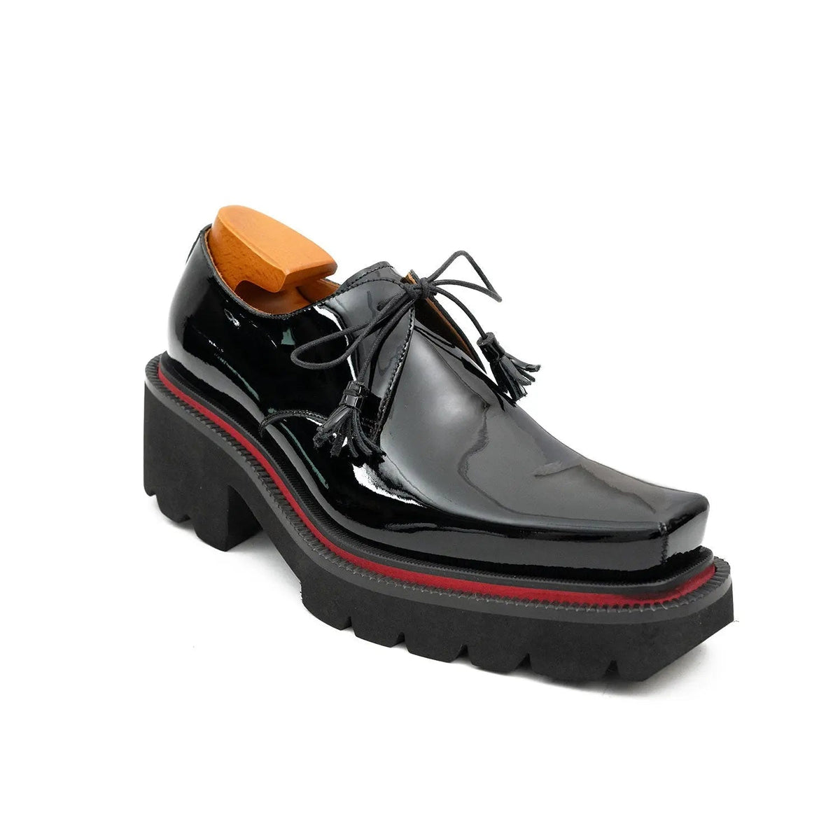 Black Glossy Calfskin Square-Toe Derby Shoes with Red Edging