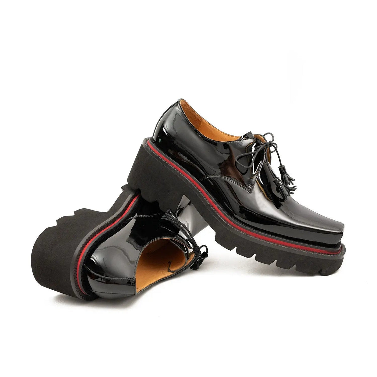 Black Glossy Calfskin Square-Toe Derby Shoes with Red Edging