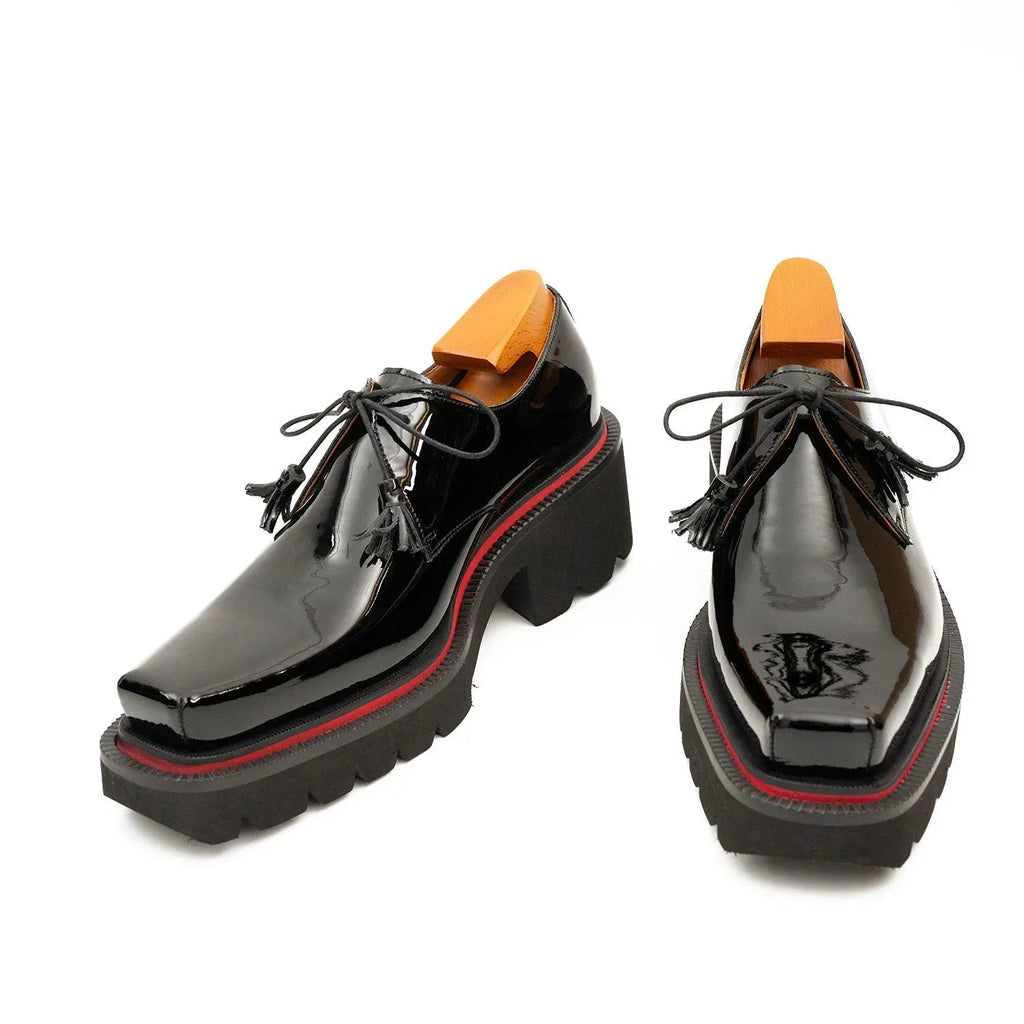 Black Glossy Calfskin Square-Toe Derby Shoes with Red Edging
