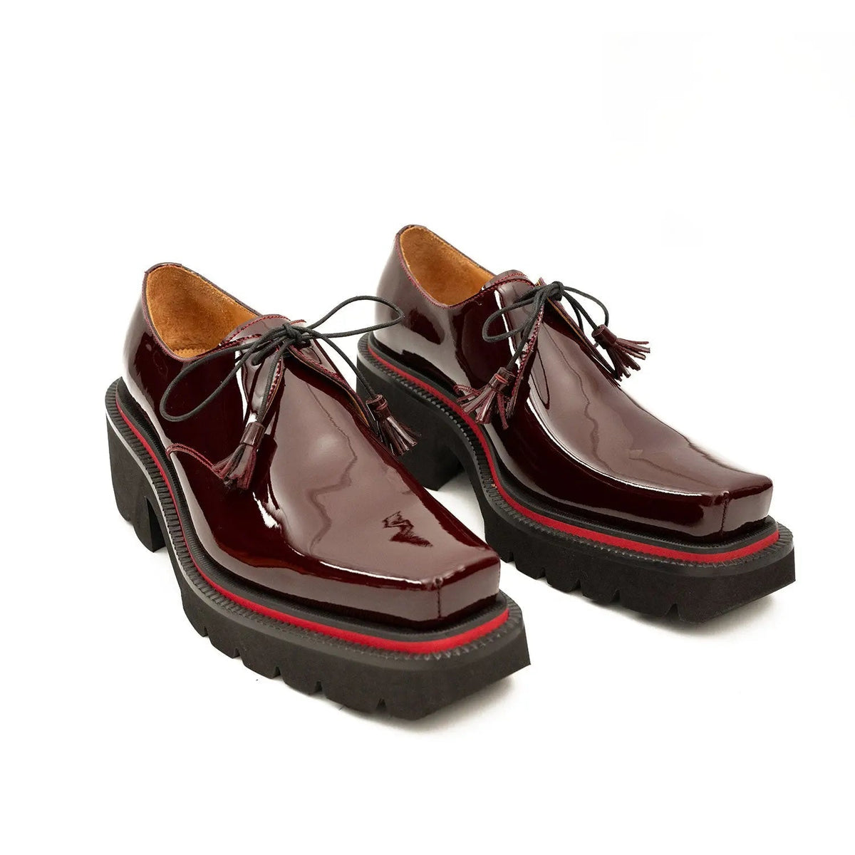 Burgundy Glossy Calfskin Derby Shoes with Lace-End Tassels