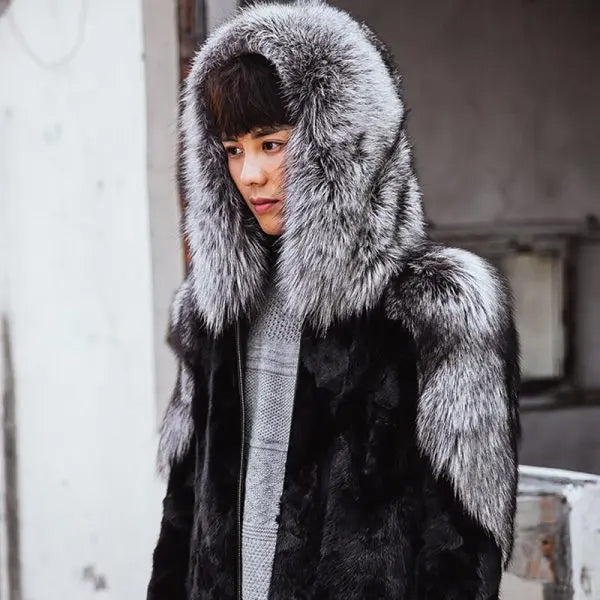 Men’s Winter Fox Fur Mink Hooded Fur Coat Jacket