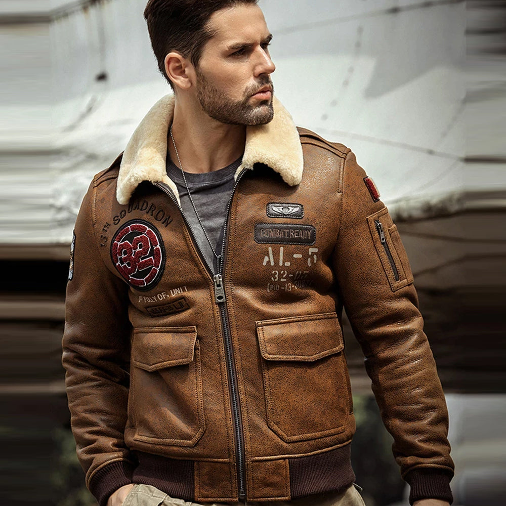 Men’s B3 Airforce Brown Embroidered Shearling Leather Bomber Jacket