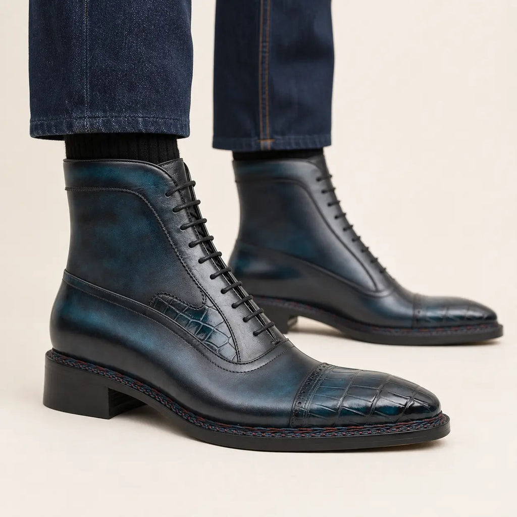 Dark Blue-Black Textured Cap-Toe Ankle Boot