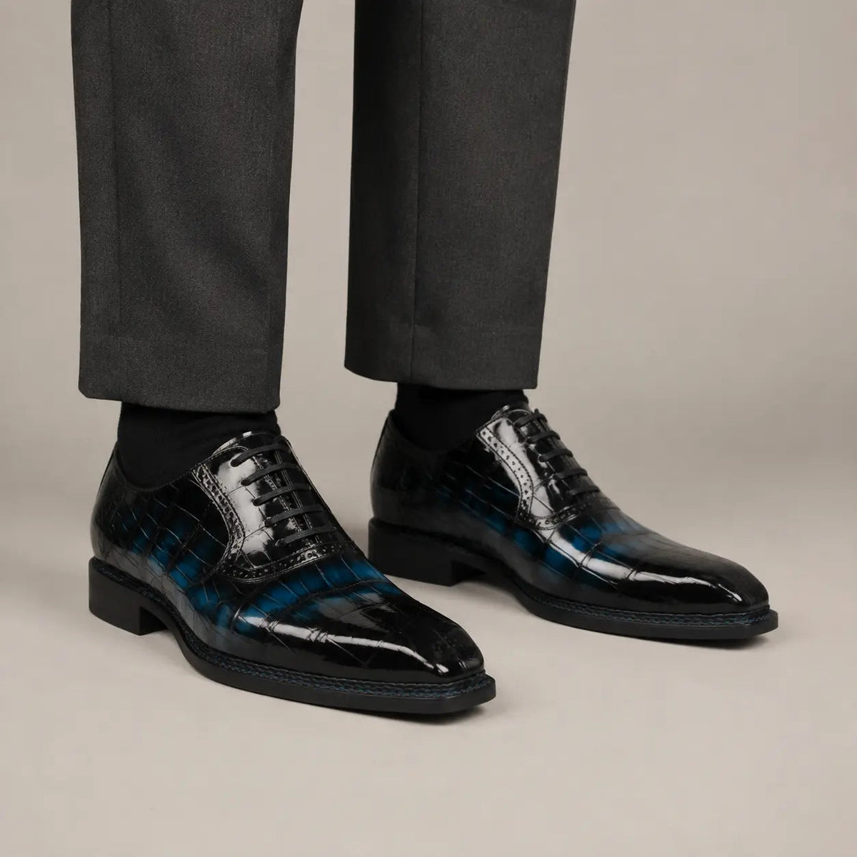 Black and Blue Glossy Textured Lace-Up Dress Shoe