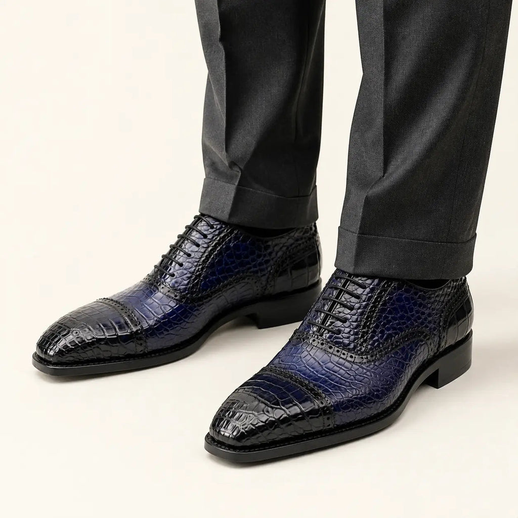 Dark Blue Cap-Toe Oxford Shoes with Perforated Detail
