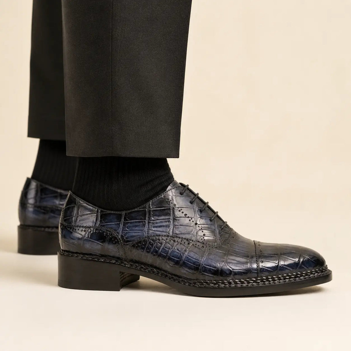 Dark Blue-Purple Textured Cap-Toe Lace-Up Dress Shoe