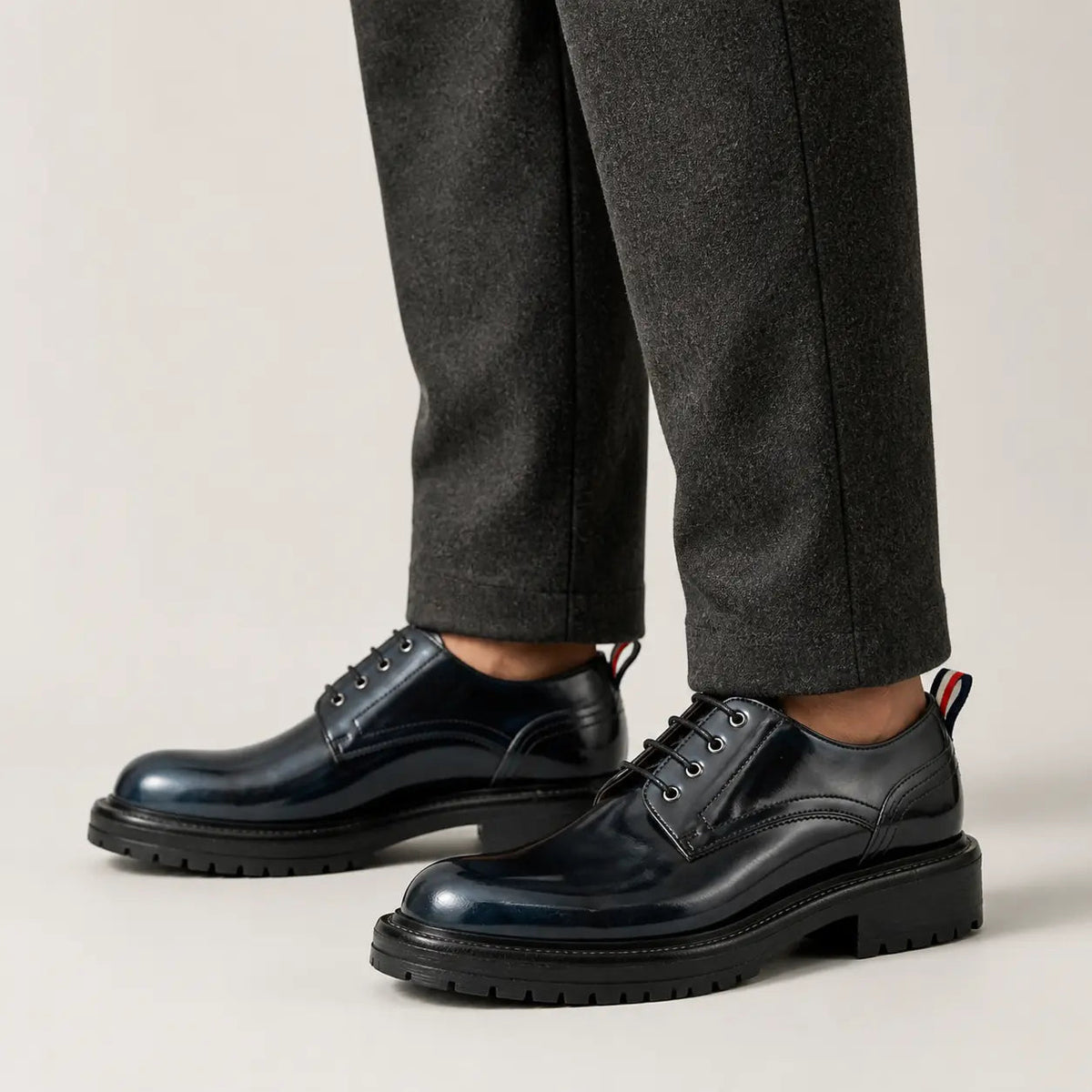 Dark Blue Plain-Toe Derby Shoes with Pull Tab