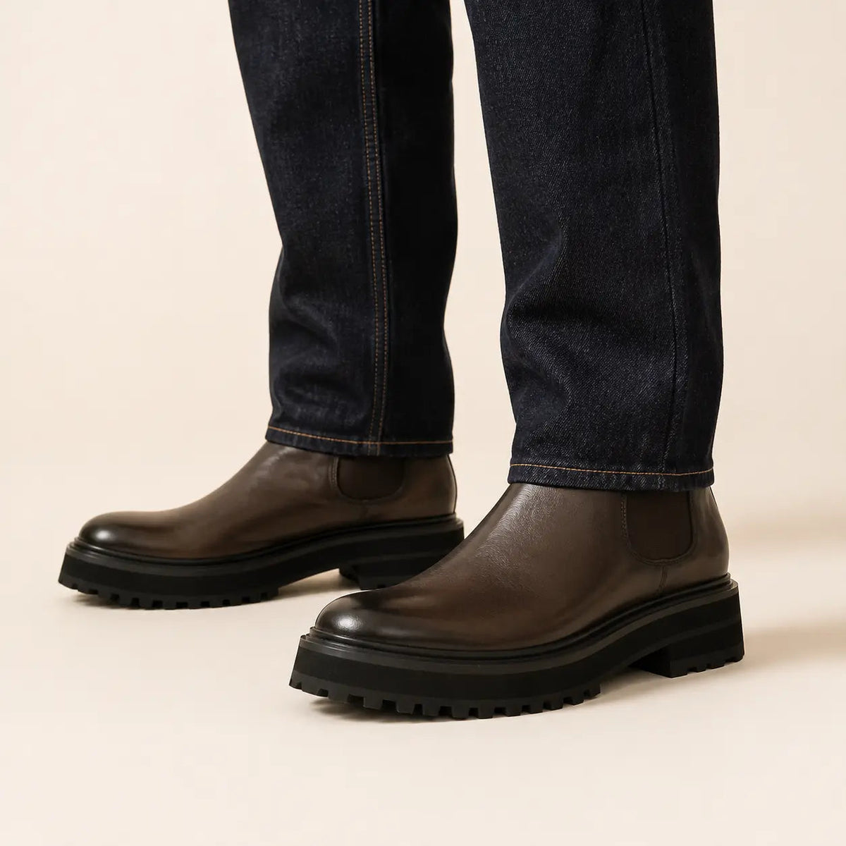 Dark Brown Lug Sole Chelsea Ankle Boot with Rounded Toe