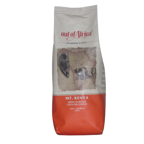 Out of Africa Mt Kenya Medium Roast Ground Coffee 500g front package showing Kenyan Arabica coffee
