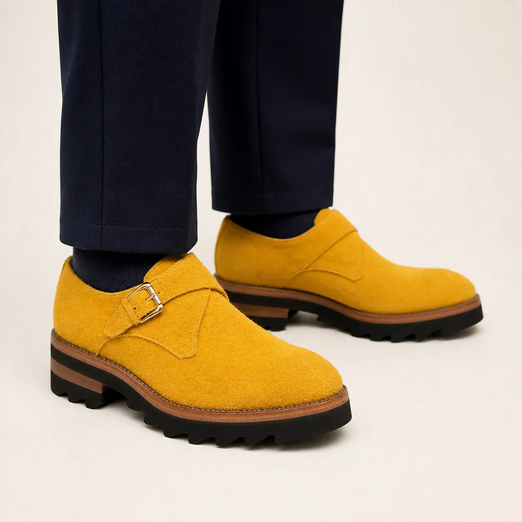 Mustard-Yellow Textured Single Monk Shoes with Ridged Sole
