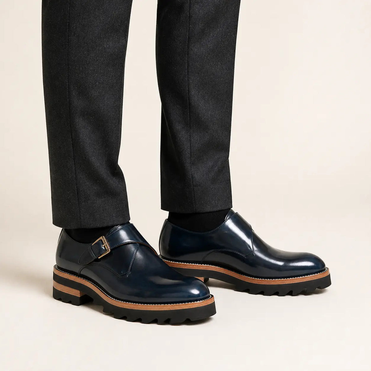 Dark Blue Single Monk Shoes with Brown-Band Ridged Sole