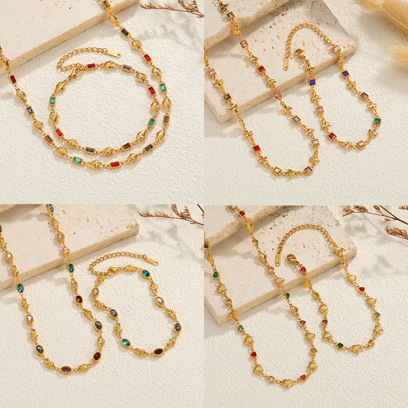 Women's Loving Heart Zircon Gold Fashion Design Stainless Steel Jewelry Set