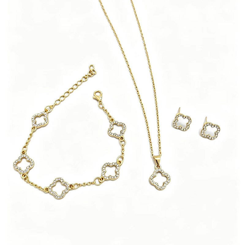 Inlaid Zircon Hollow Four-leaf Flower Three-piece Jewelry Set