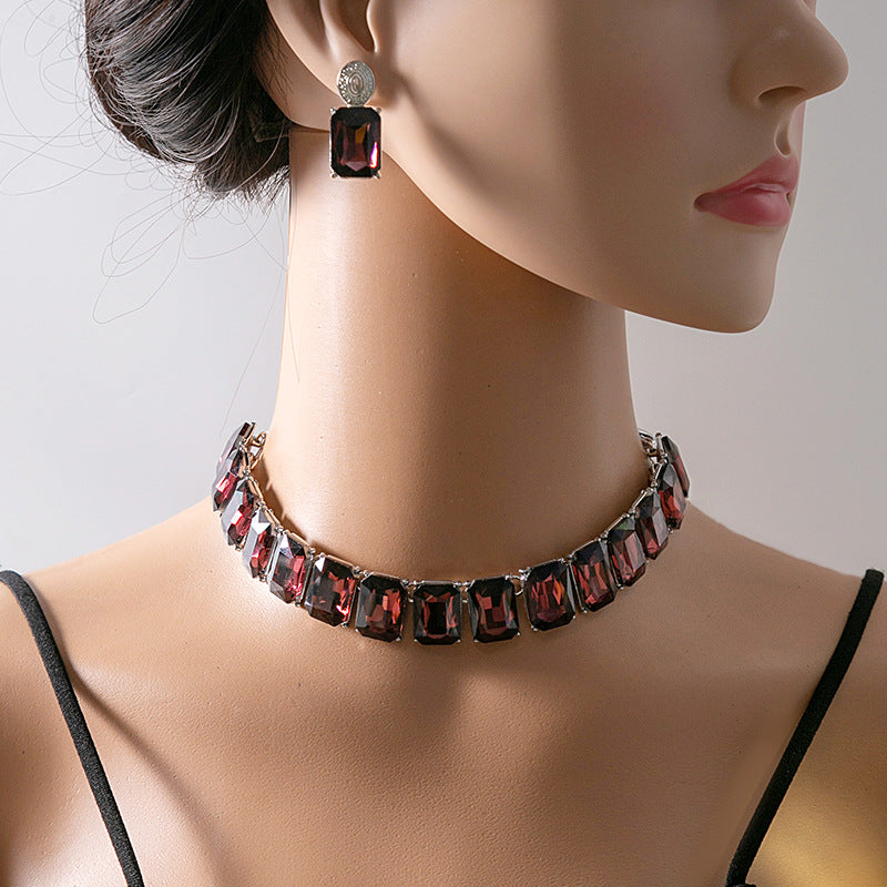Women's Crystal Square Fashionable Temperament Dinner Exaggerated Jewelry Set