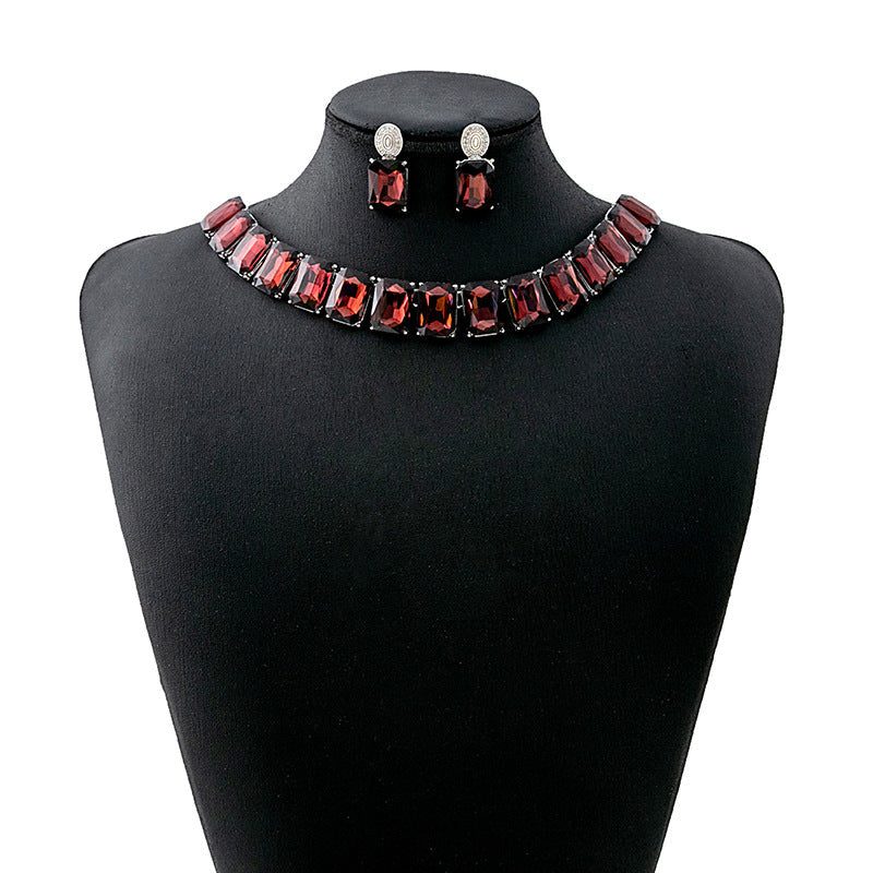 Women's Crystal Square Fashionable Temperament Dinner Exaggerated Jewelry Set