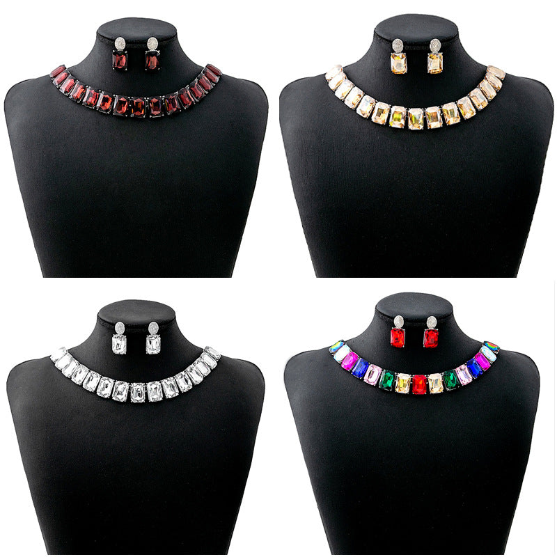 Women's Crystal Square Fashionable Temperament Dinner Exaggerated Jewelry Set