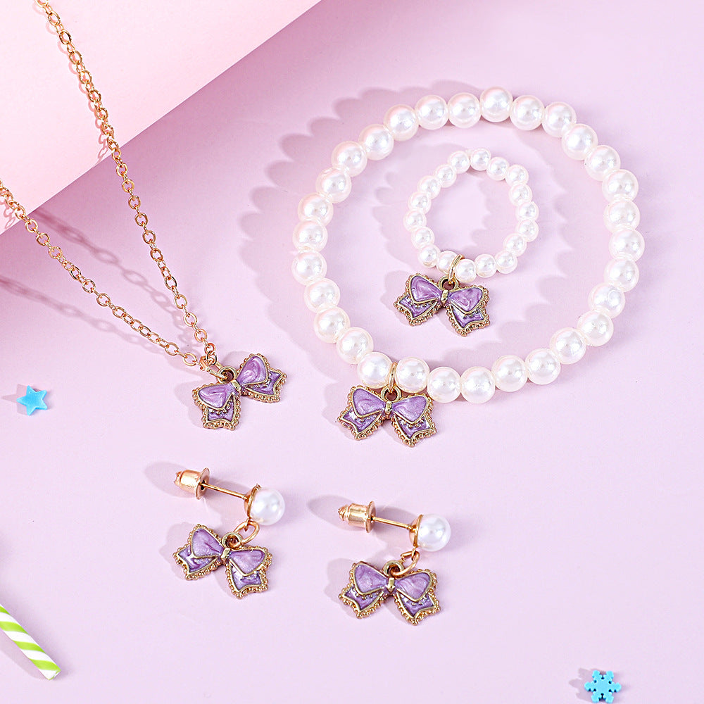 Children's Pearl Cute Little Alloy Dripping Bowknot Bracelets