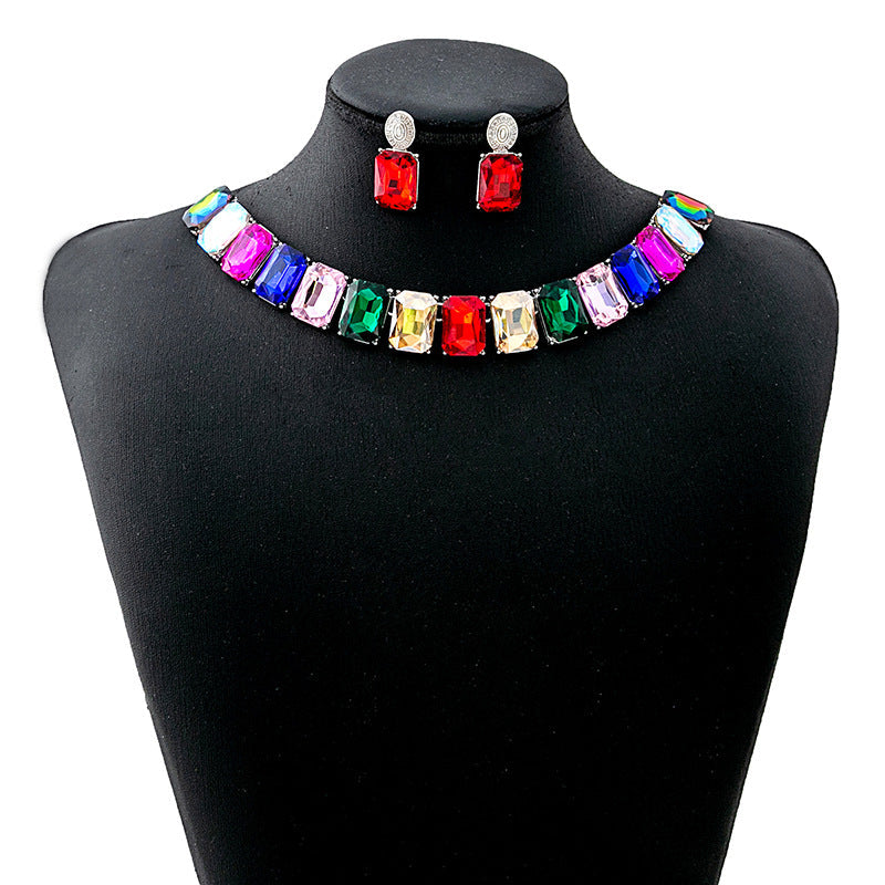 Women's Crystal Square Fashionable Temperament Dinner Exaggerated Jewelry Set