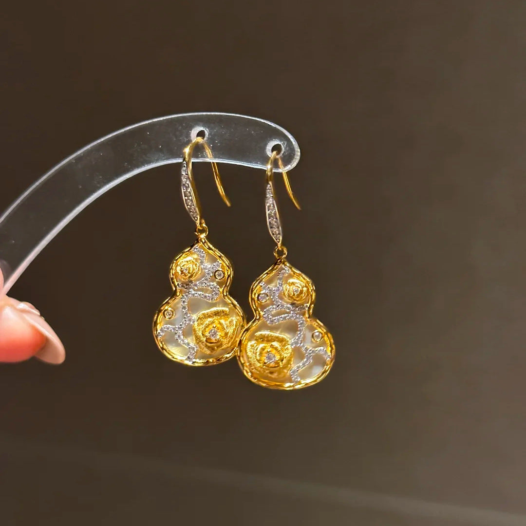 Women's Yellow Roses Calabash Pendent Brushed Golden Fu Lu Rings