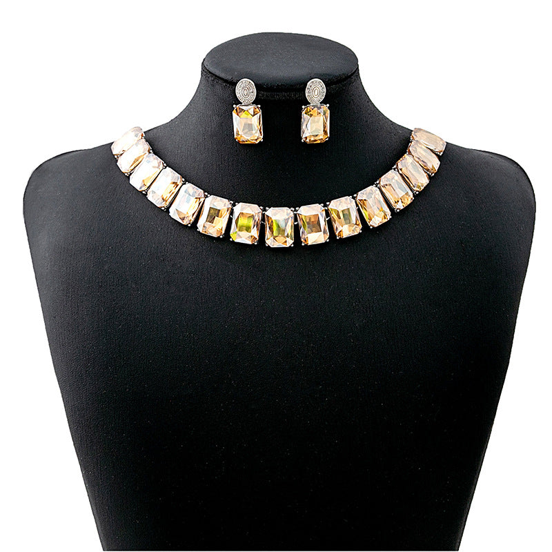 Women's Crystal Square Fashionable Temperament Dinner Exaggerated Jewelry Set