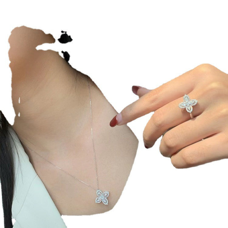 Live Broadcast Design Female Four-leaf Clover Niche Full Diamond Jewelry Set