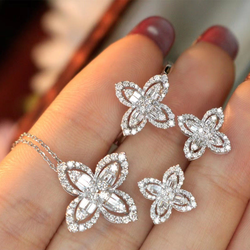 Live Broadcast Design Female Four-leaf Clover Niche Full Diamond Jewelry Set
