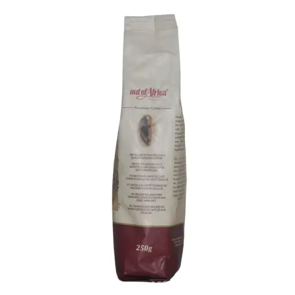 OUT OF AFRICA DARK ROAST PREMIUM CONVENTIONAL GROUND COFFEE - 250g - World Safari Shops. Out of Africa Dark Roast Kenyan Coffee 250g for French press coffee, drip brewing, pour-over coffee, and traditional coffee preparation.
