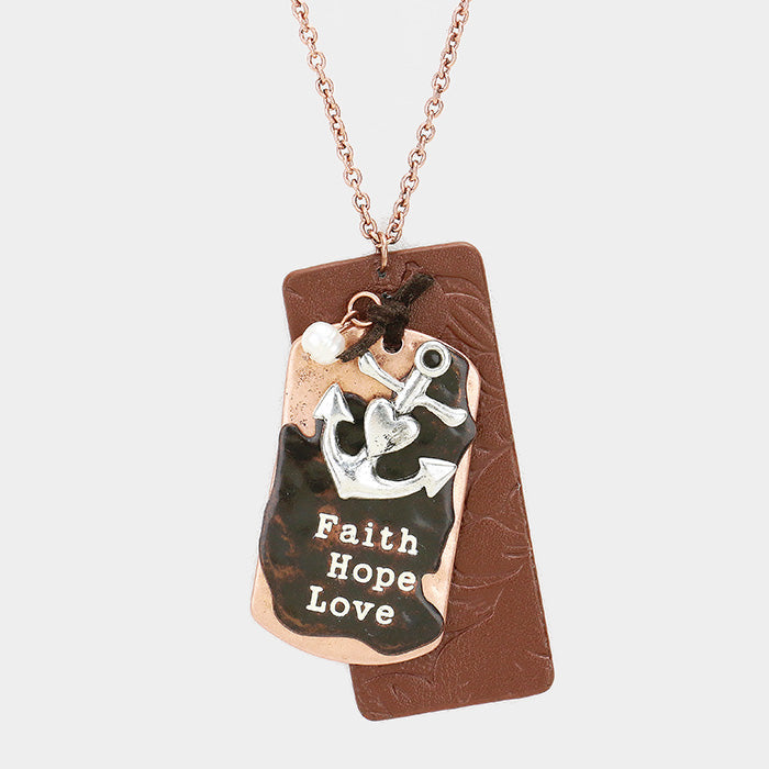 "Faith Hope Love" Metal Anchor Pearl Charm Pendant Necklace