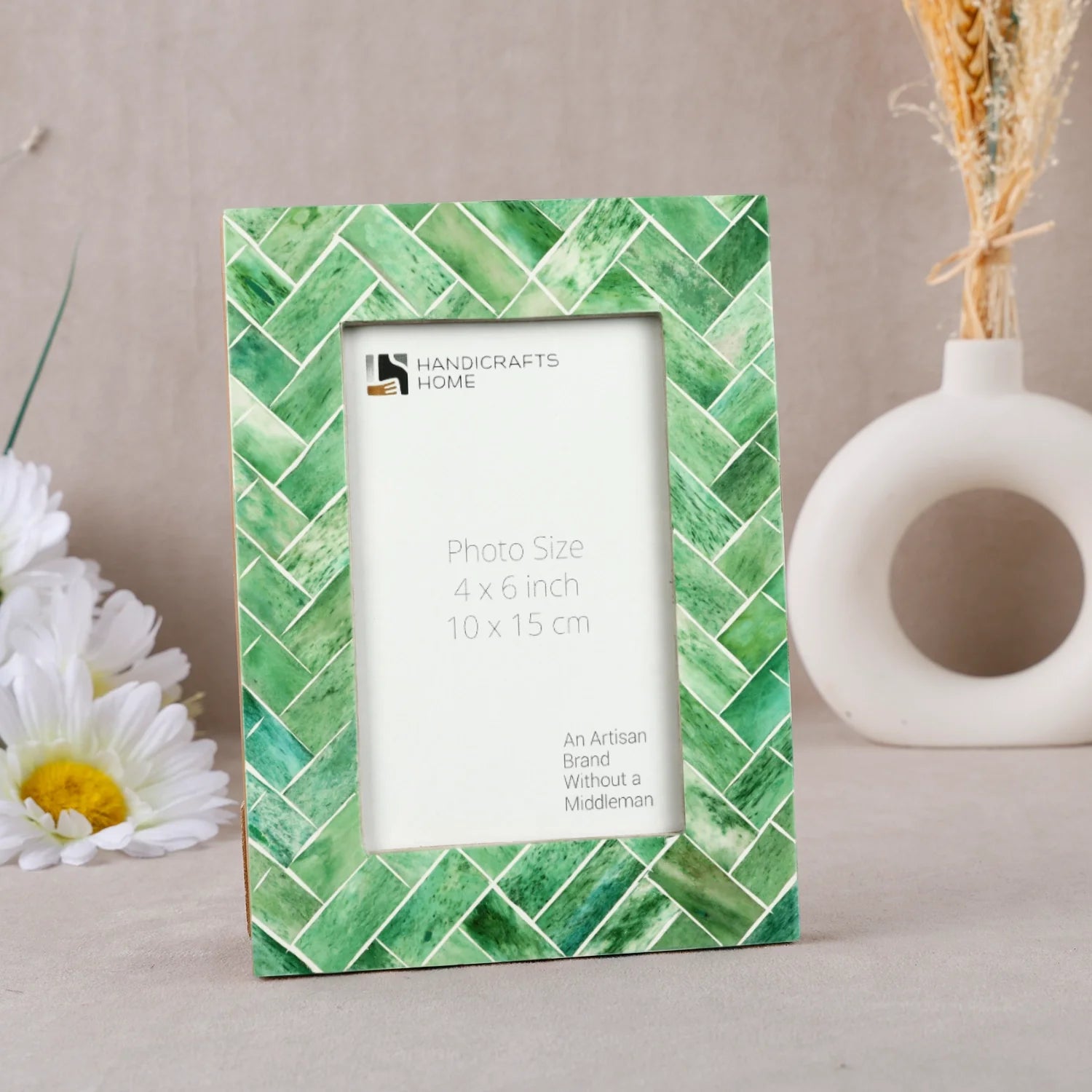 Picture Frame Green Leaf Collection Bone Inlay Green & White – 4x6"