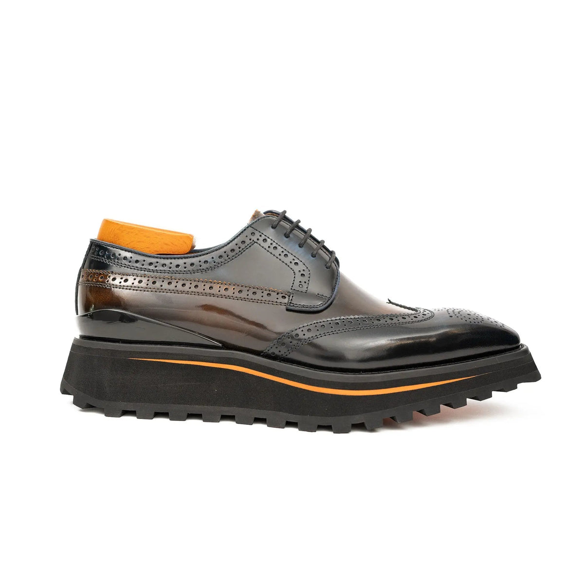 Dark Brown Wingtip Derby Shoes with Contrast-Edge Lug Sole