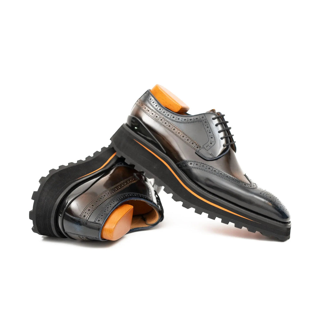 Dark Brown Wingtip Derby Shoes with Contrast-Edge Lug Sole