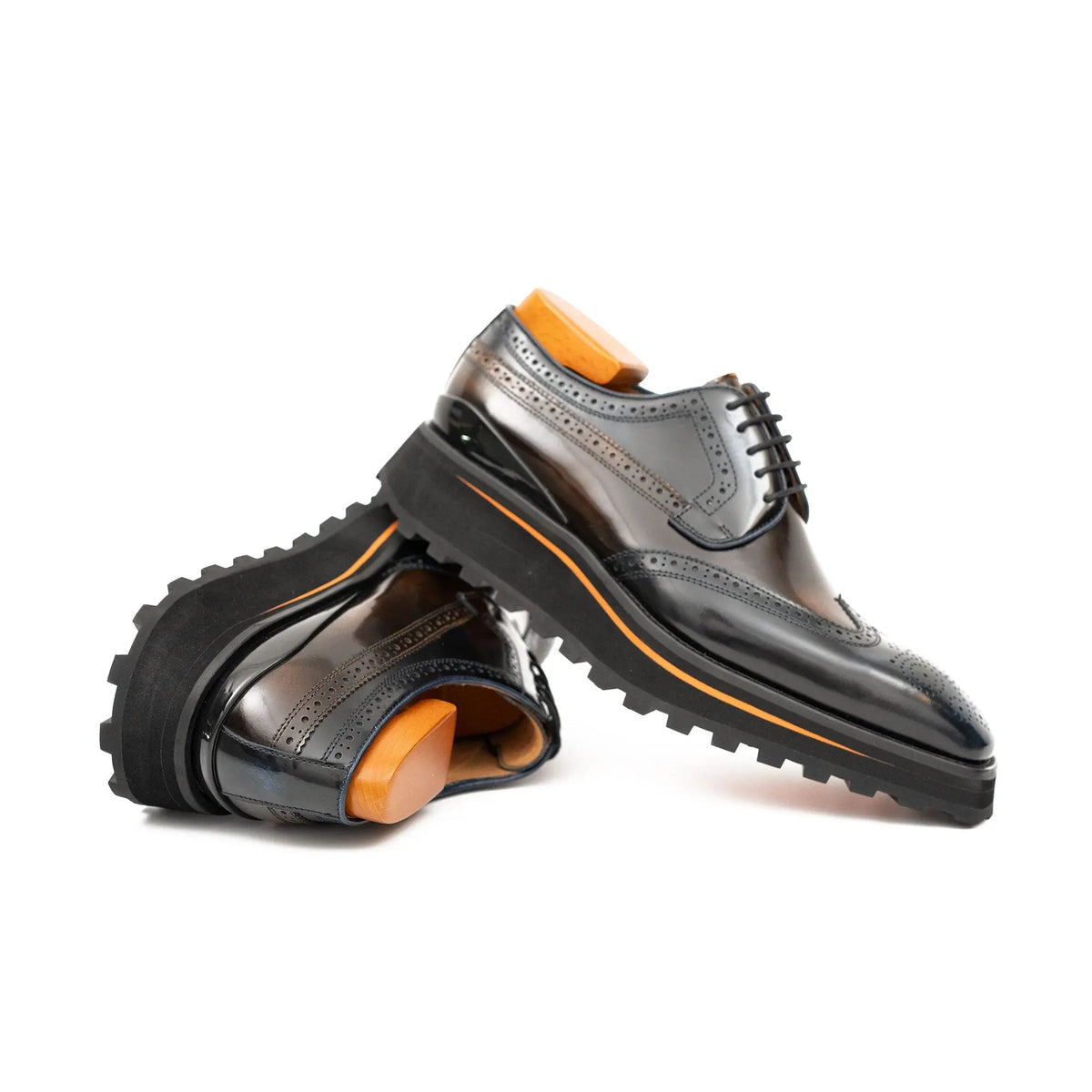 Dark Brown Wingtip Derby Shoes with Contrast-Edge Lug Sole